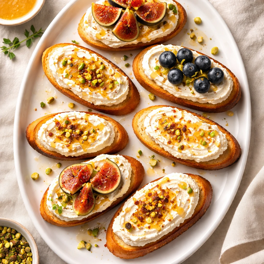 Final dish, tasty top view: Overhead shot of a platter of Honey Whipped Ricotta Crostini arranged on