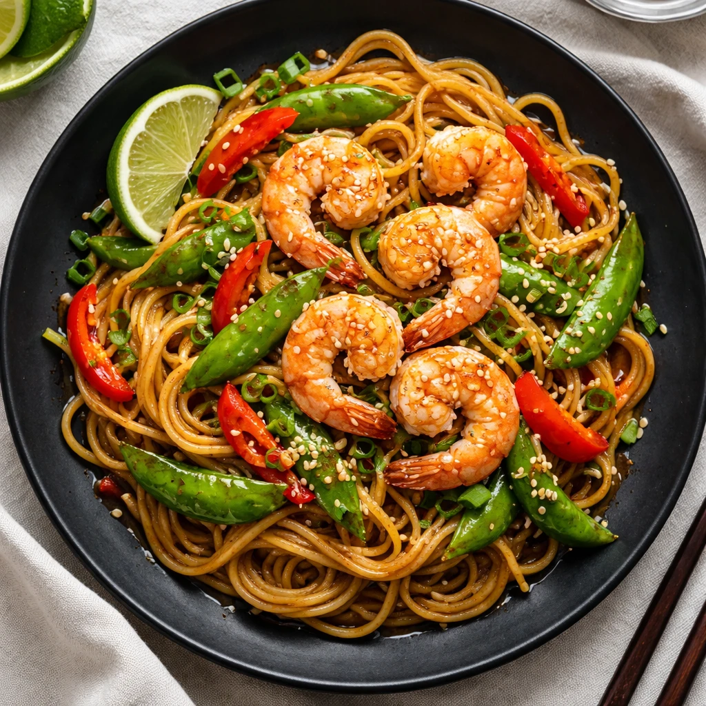 Final dish, top view: Overhead shot of 30-minute shrimp stir fry with noodles twirled into a relaxed