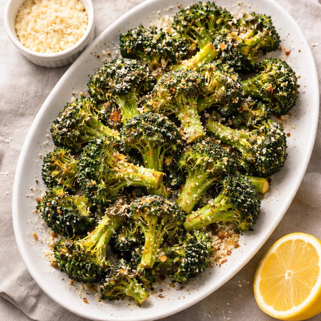 Final dish, top view: Overhead shot of Air Fryer Garlic Parmesan Broccoli piled on a warm white cera
