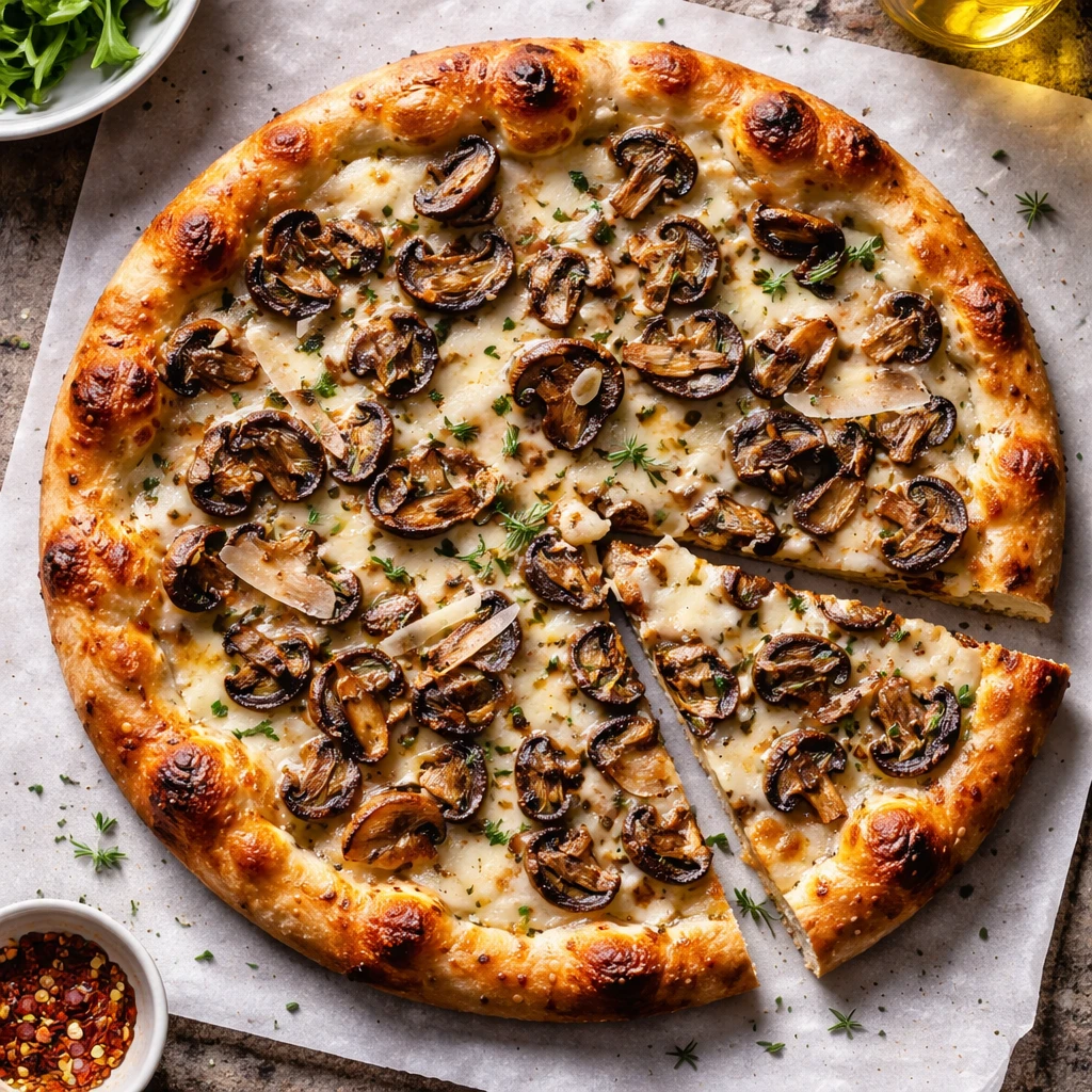Final pizza overhead: Truffle Mushroom Artisan Pizza on a preheated stone-like surface or parchment,
