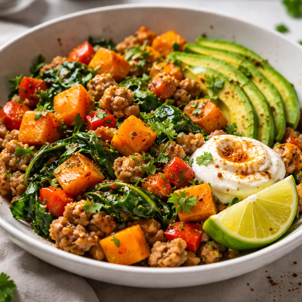 Final plated dish beauty: Close-up, of the finished Ground Turkey Sweet Potato Skillet served in a w