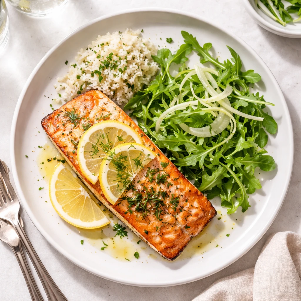 Final plated overhead: Beautifully plated air fryer salmon with lemon and dill on a matte white plat