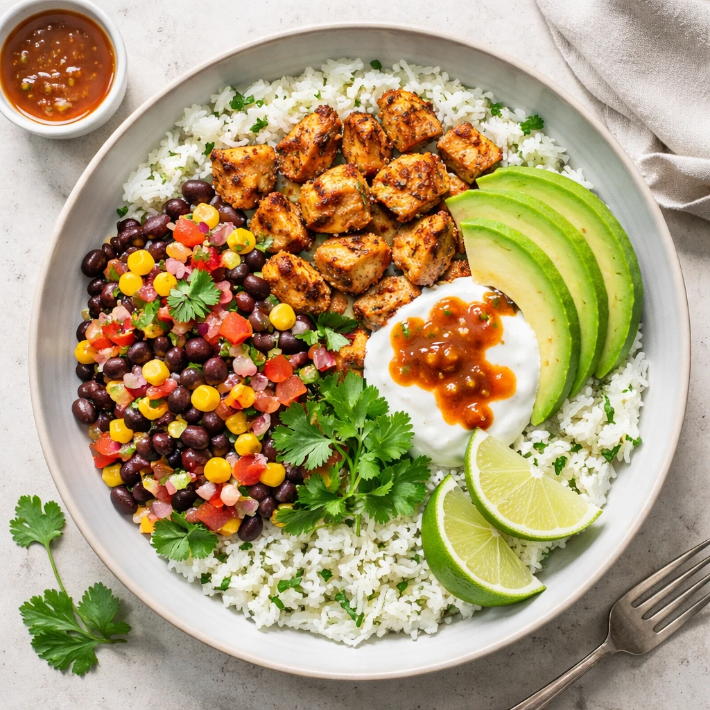 Final plated overhead: High Protein Chicken Burrito Bowl arranged in a wide, shallow ceramic bowl—