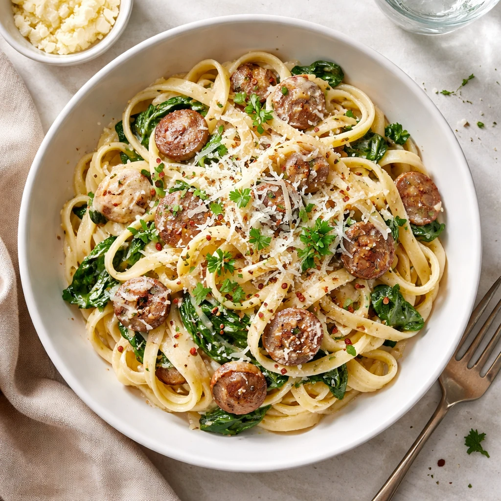 Final plated overhead: Italian Sausage Alfredo Pasta twirled onto a matte white shallow bowl, glossy