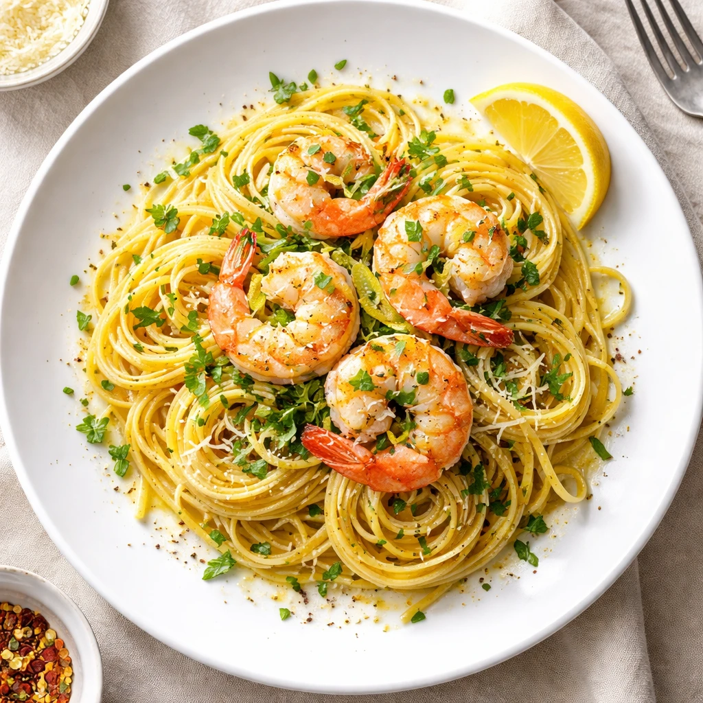 Final plated overhead: Lemon Herb Shrimp Linguine twirled into neat nests on a wide white rimmed pla