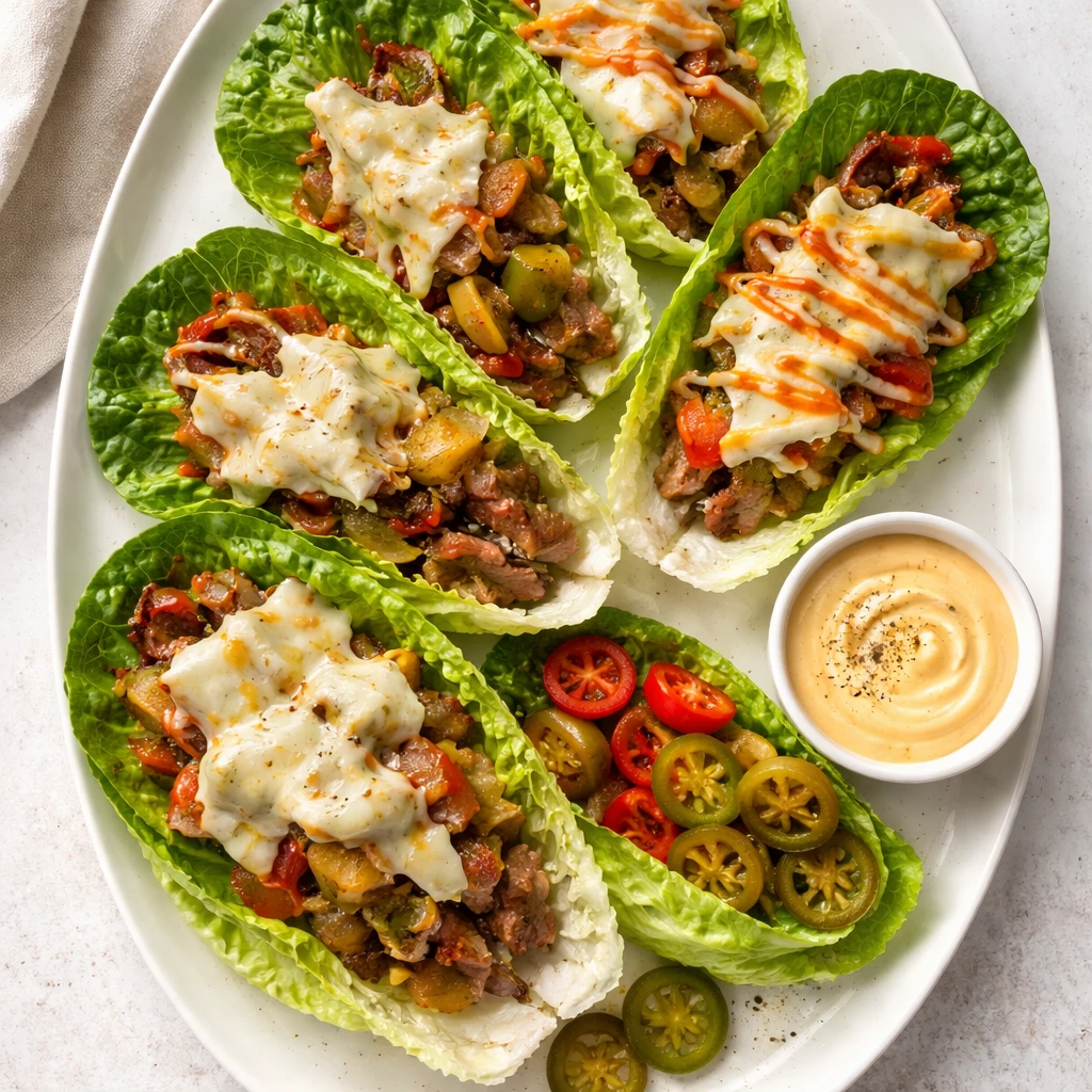 Final plated overhead: Philly Cheesesteak Lettuce Wraps assembled in crisp romaine leaves, generousl