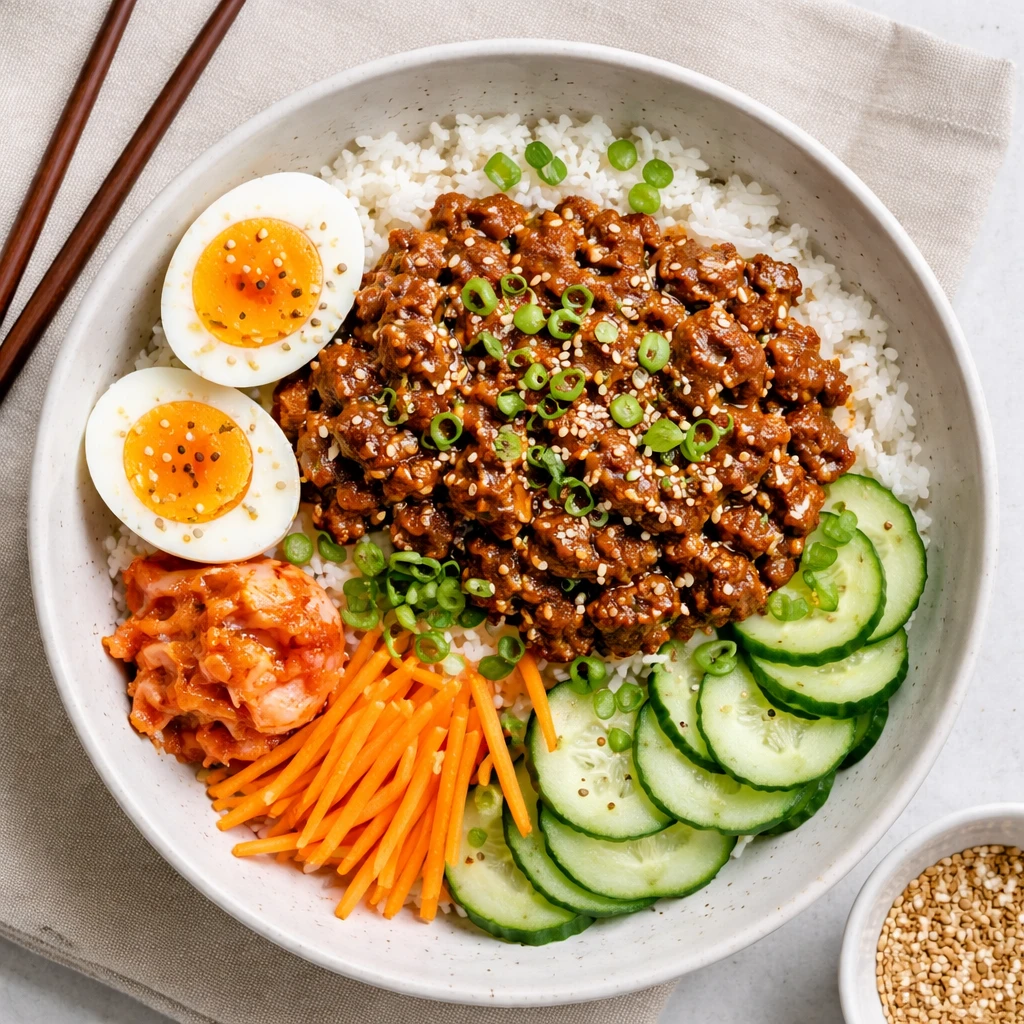Final plated — Overhead shot of a Spicy Korean Beef Bowl with Sesame: fluffy white rice base toppe