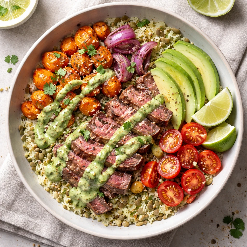 Final plated overhead: Steak and Sweet Potato Bowls with Cilantro Drizzle, of a wide, shallow cerami