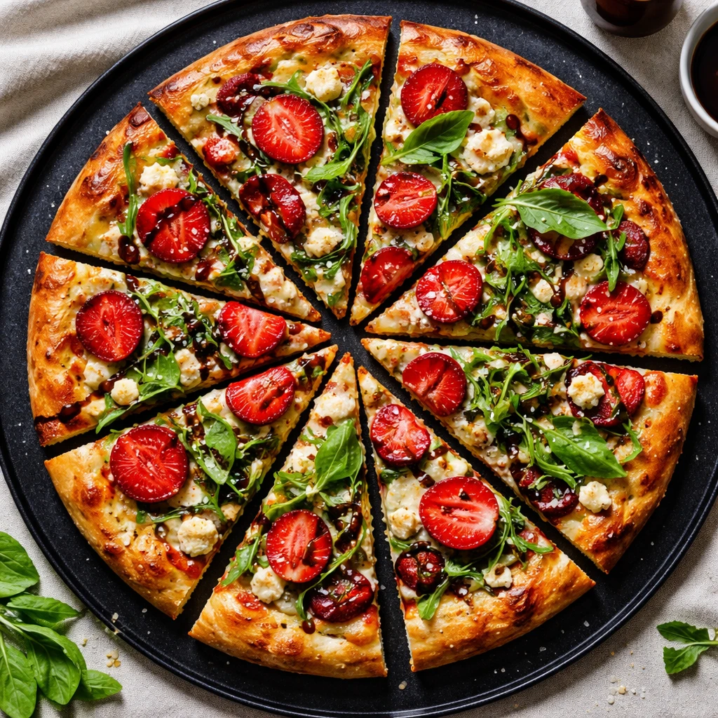 Final plated overhead: Tasty top-view of a sliced 12–14 inch balsamic strawberry goat cheese pizza