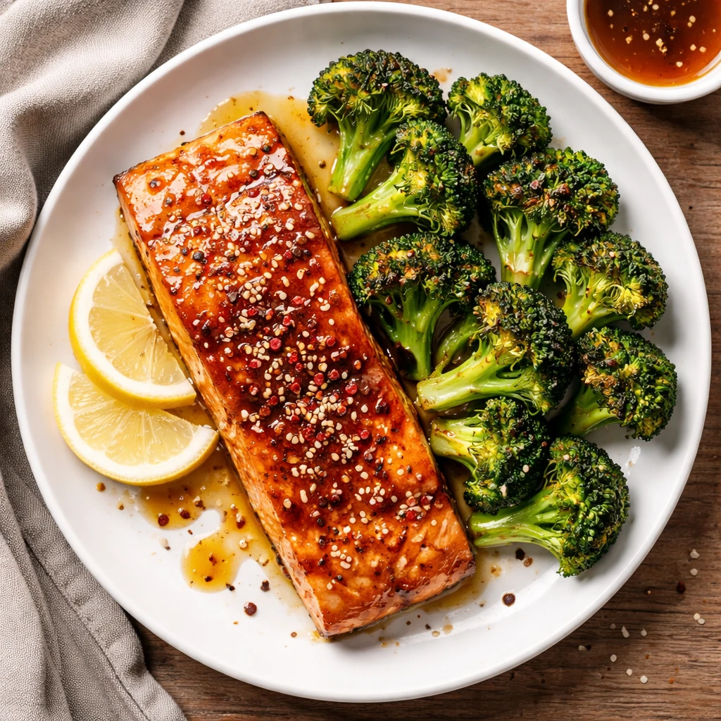 Final plated, tasty top view: Overhead shot of the finished honey garlic salmon with roasted broccol