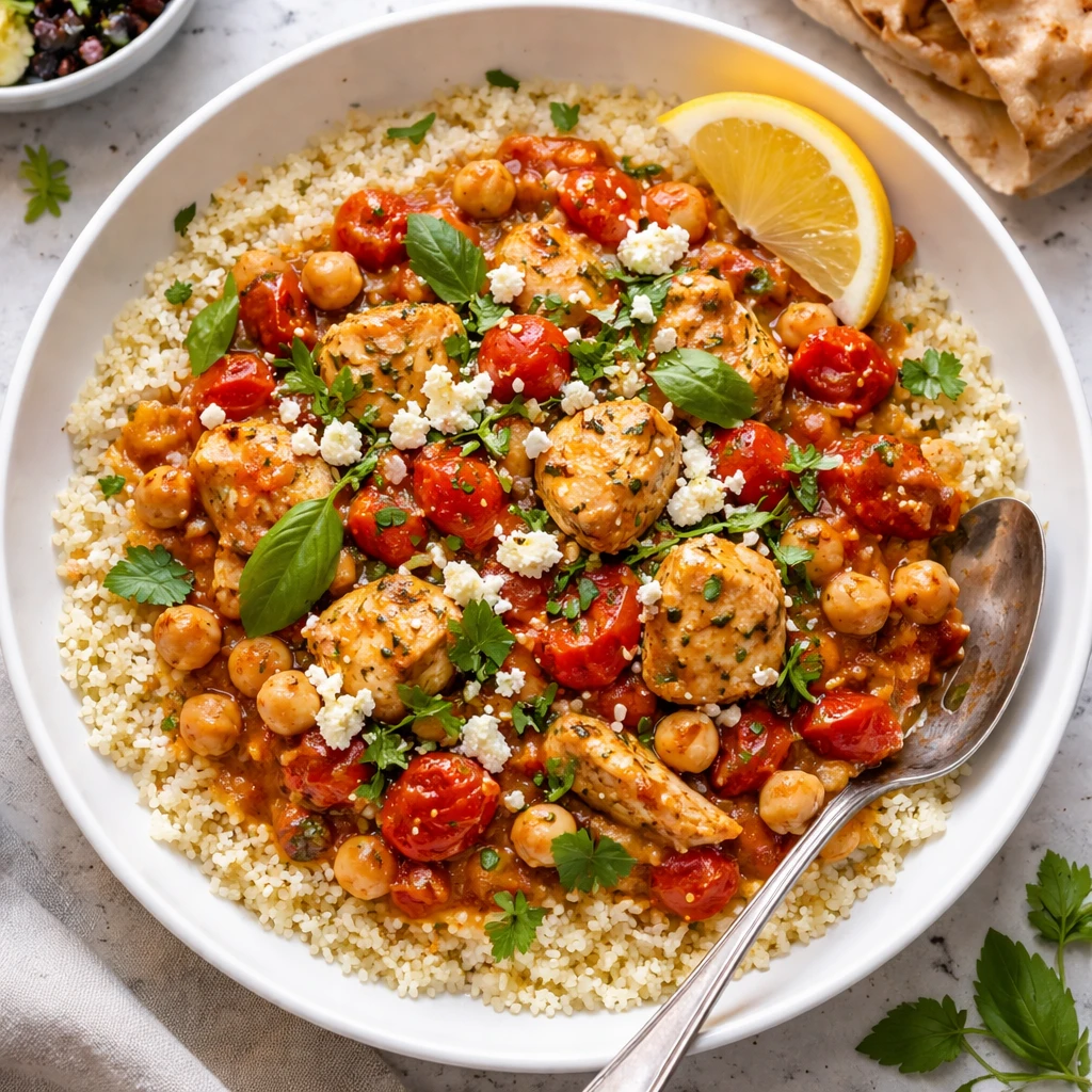 Final plated, top view: Top-down beauty shot of the finished Mediterranean Chicken and Chickpea Skil
