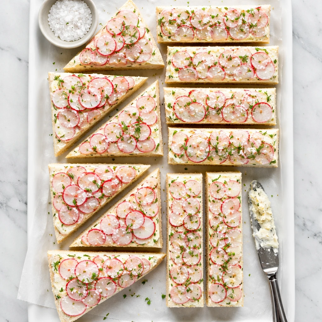 Overhead final platter shot of radish butter tea sandwiches arranged for afternoon tea: neat rows of