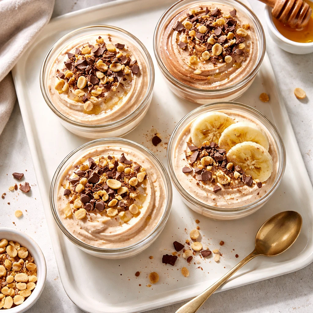 Overhead final presentation of Peanut Butter Cottage Cheese Mousse spooned into small glass ramekins