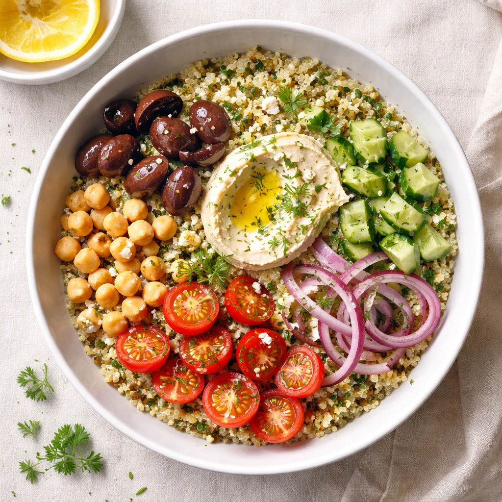 Overhead shot of a finished Mediterranean Quinoa Protein Bowl, restaurant-quality styling: fluffy qu
