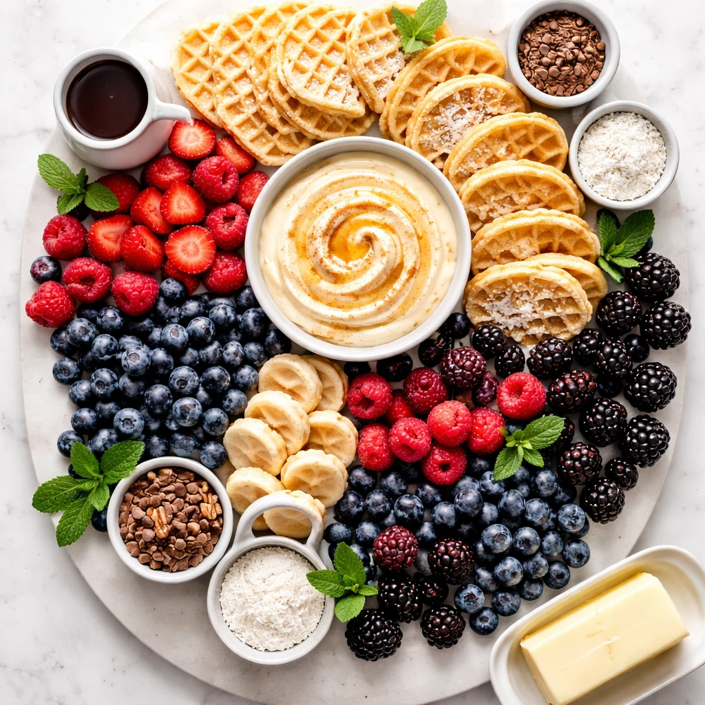 Overhead shot of a finished Waffle and Berry Brunch Board centered around a small ceramic bowl of si