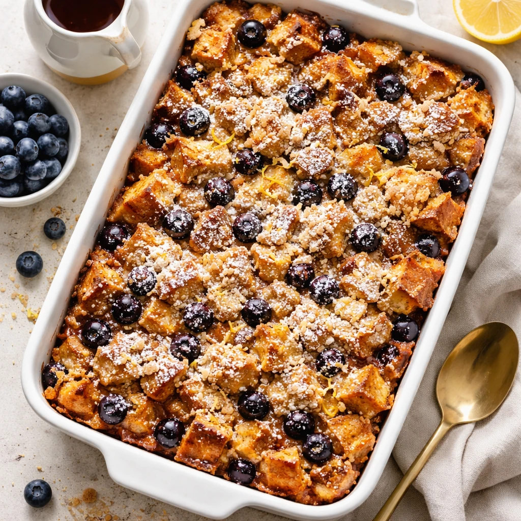 Overhead shot of a freshly baked Blueberry French Toast Casserole just out of the oven in a 9x13 bak