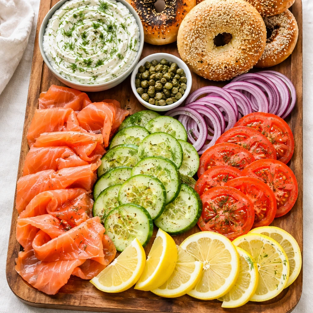 Overhead shot of a fully arranged Lox and Herb Cream Cheese Bagel Board, ready to serve: ribbons of