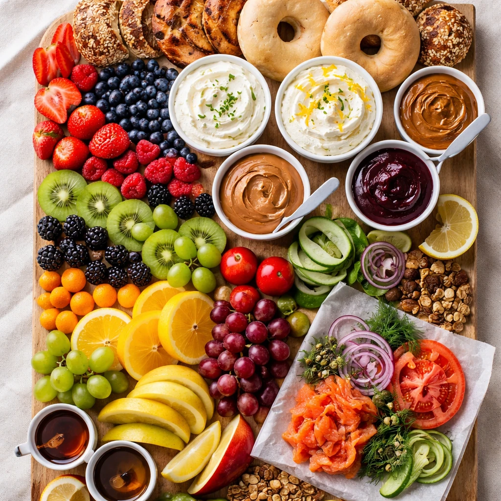 Overhead shot of a fully assembled bagel breakfast board, top-down, showing a rainbow layout: warm h