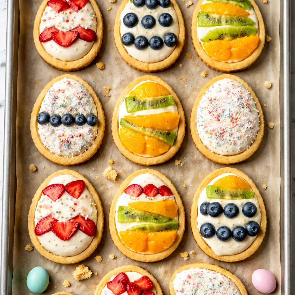 Overhead shot of assembled mini Easter egg-shaped fruit tarts on a parchment-lined baking sheet, sho