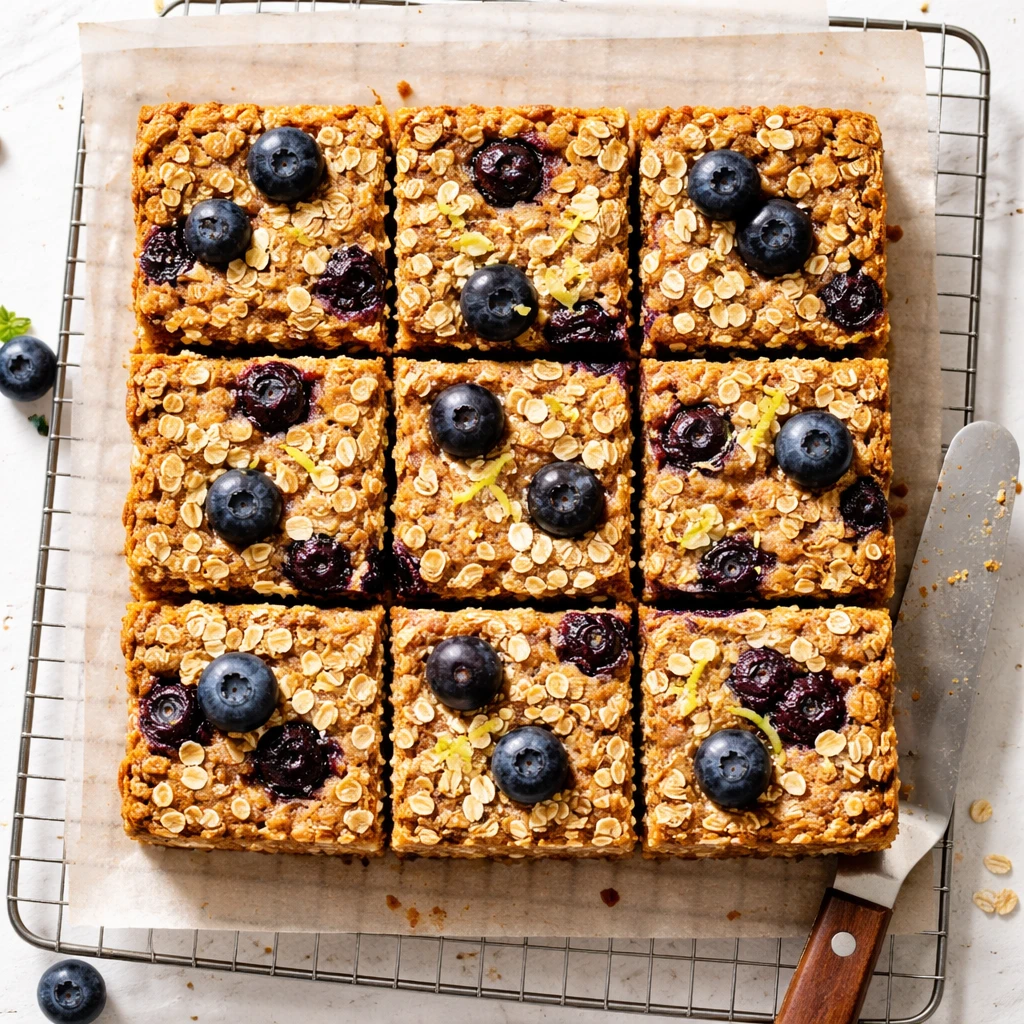 Overhead shot of freshly baked Blueberry Oat Protein Bars cooling on parchment lifted from an 8x8 pa