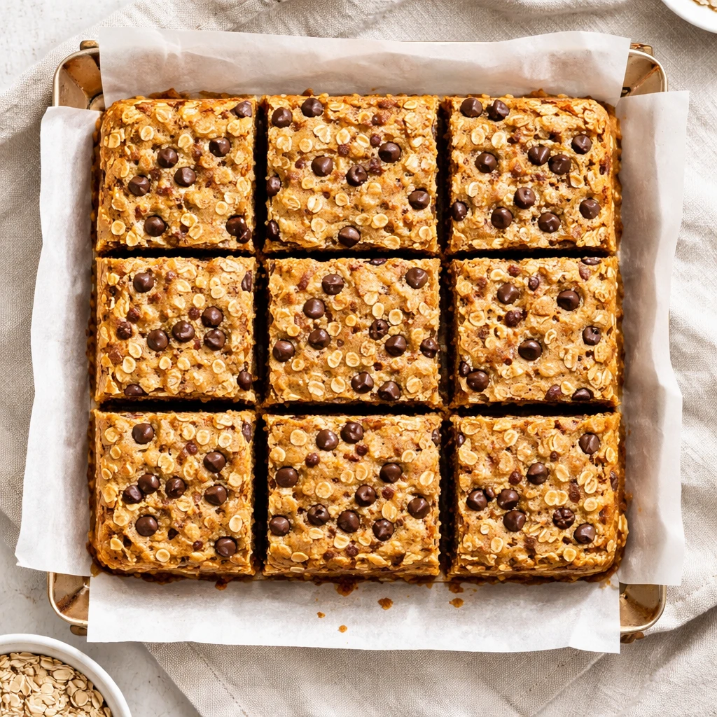 Overhead shot of freshly baked Chocolate Chip Oat Protein Bars just cooled and lifted from an 8x8 pa