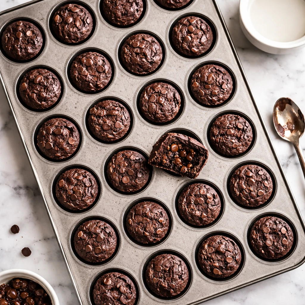 Overhead shot of freshly baked low-carb protein brownie bites cooling in a mini muffin tin, edges se