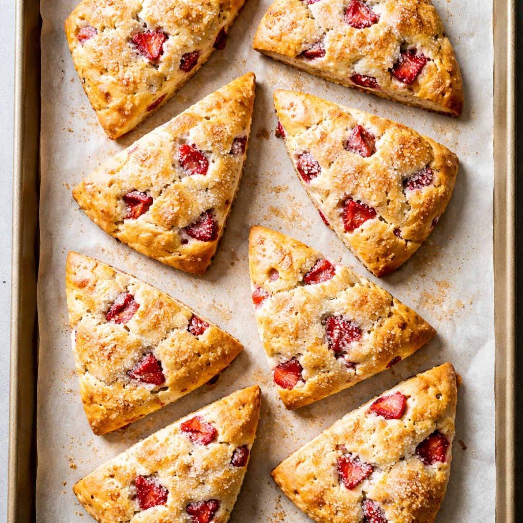 Overhead shot of freshly baked Strawberries and Cream Scones cooling on a parchment-lined baking she