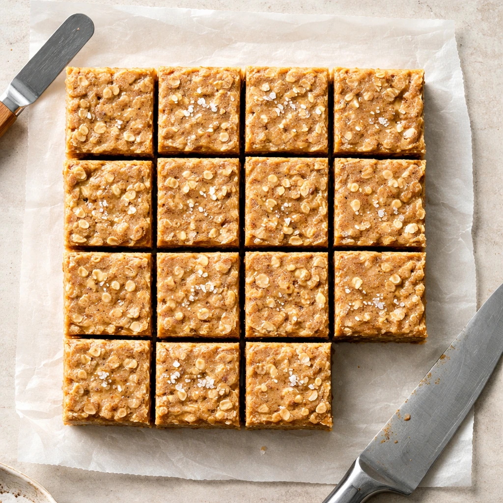 Overhead shot of freshly sliced 4-ingredient vegan protein bars arranged in a tidy grid on parchment