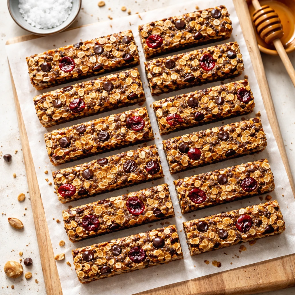 Overhead shot of freshly sliced High Fiber Energy Bars arranged in neat rows on a parchment-lined cu