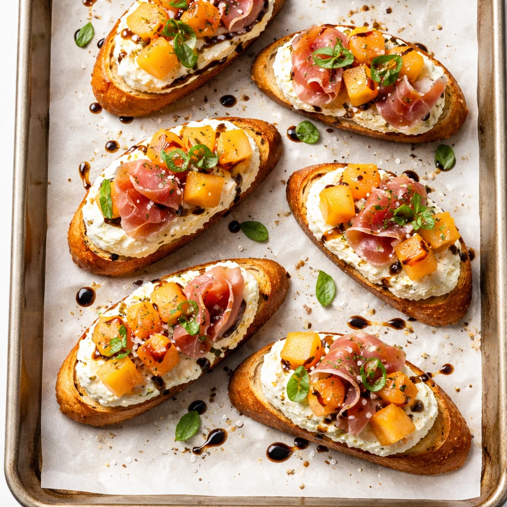 Overhead shot of freshly toasted baguette crostini on a sheet pan just out of a 400°F oven, golden 