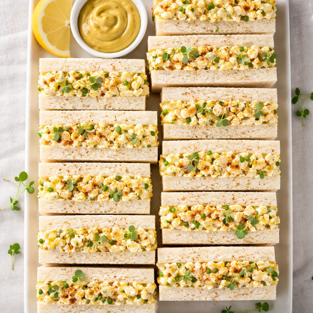 Overhead shot of neatly sliced egg salad finger sandwiches arranged in tight rows on a white rectang