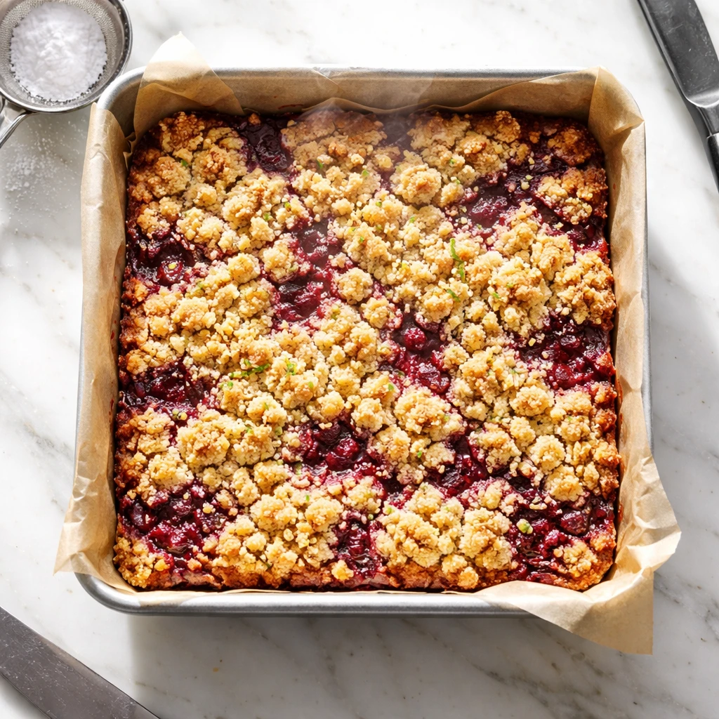 Overhead shot of Raspberry Lemon Crumble Bars cooling in the parchment-lined 8-inch square pan right