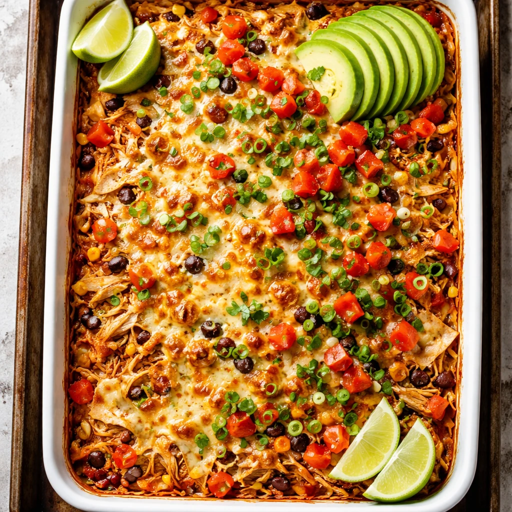 Overhead shot of the baked High Protein Chicken Enchilada Bake just out of the oven in a 9x13 pan: c