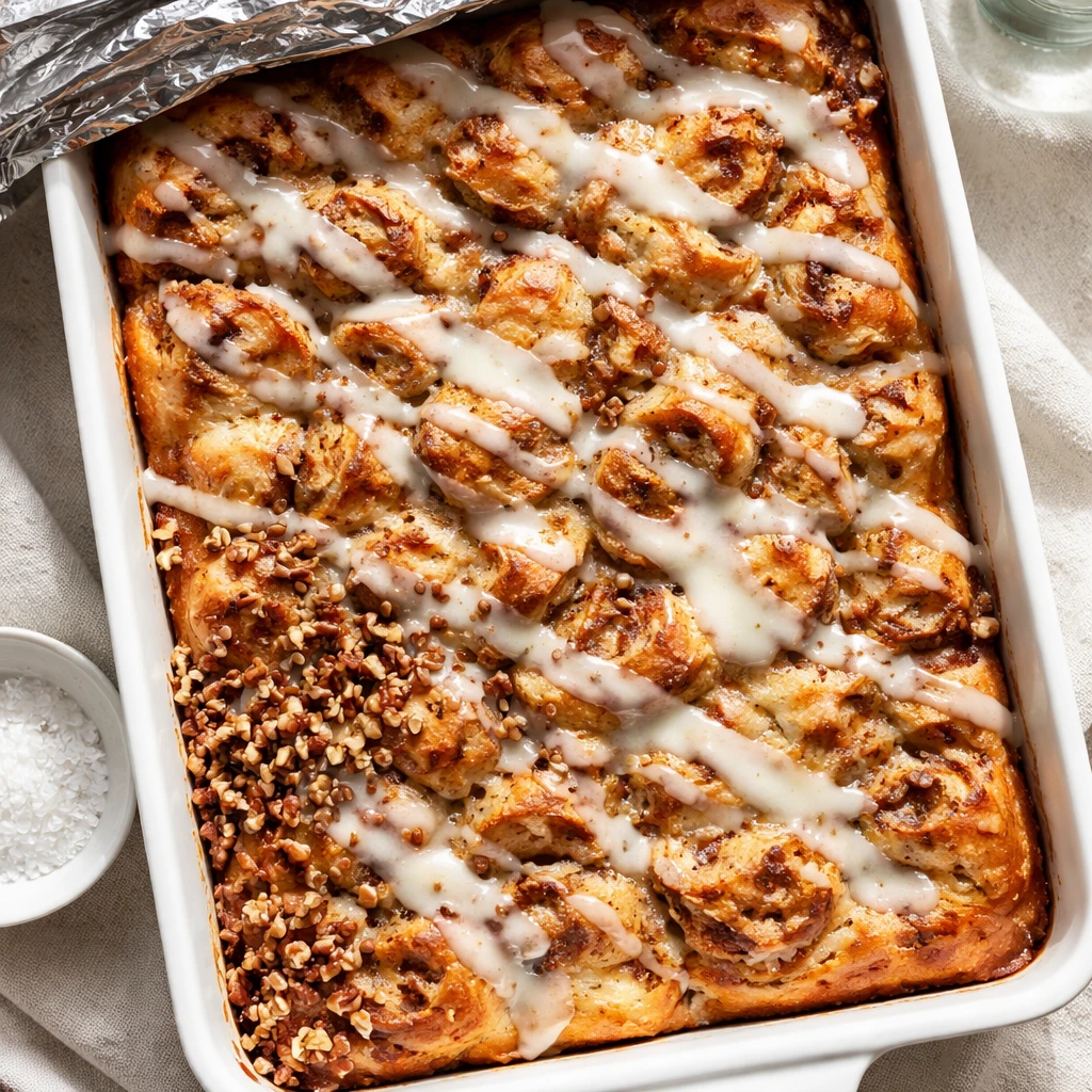 Overhead shot of the baked Overnight Cinnamon Roll Casserole just out of the oven in a 9x13 ceramic 