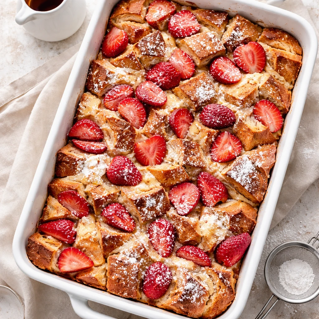 Overhead shot of the baked Strawberries and Cream French Toast fresh from the oven: golden, custardy