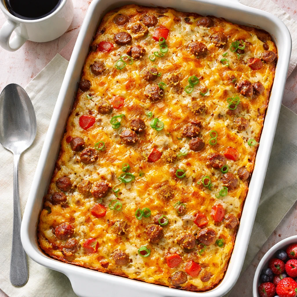 Overhead shot of the Easter Breakfast Casserole Bake just out of the oven in a 9x13 white ceramic di