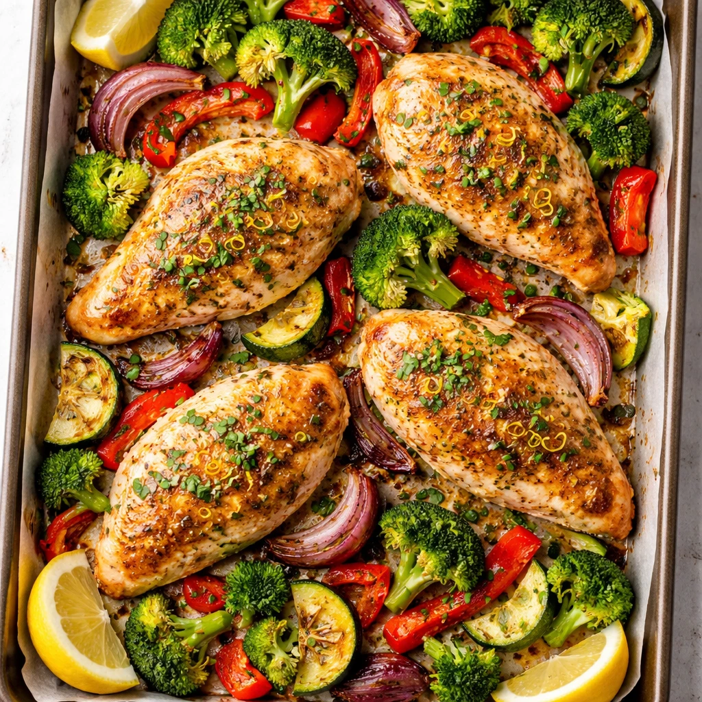 Overhead shot of the finished Lemon Garlic Chicken Veggie Dinner on a parchment-lined sheet pan fres