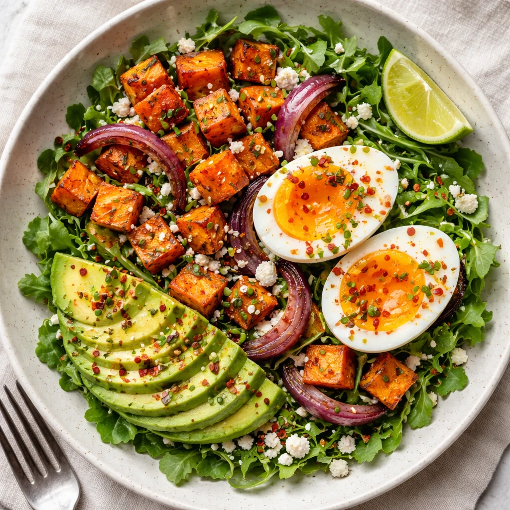 Overhead shot of the Sweet Potato Egg Brunch Plate fully assembled: a bed of baby arugula topped wit