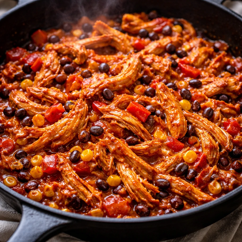 Close-up cooking process shot in a skillet: cooked shredded chicken tossed with chili powder, cumin,
