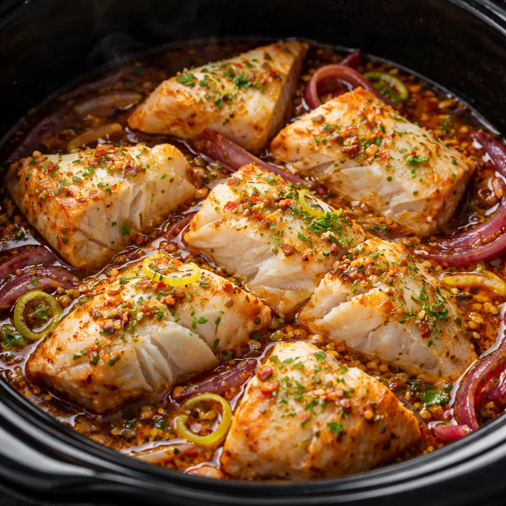 Close-up cooking process shot inside a slow cooker: tender chunks of cooked white fish nestled over 