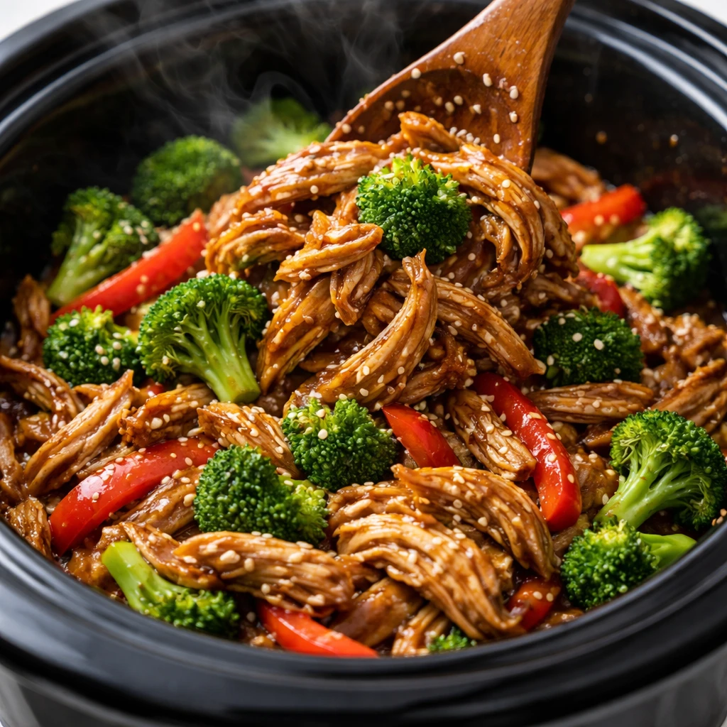 Close-up cooking process: Shredded crockpot teriyaki chicken being tossed back into a slow cooker wi