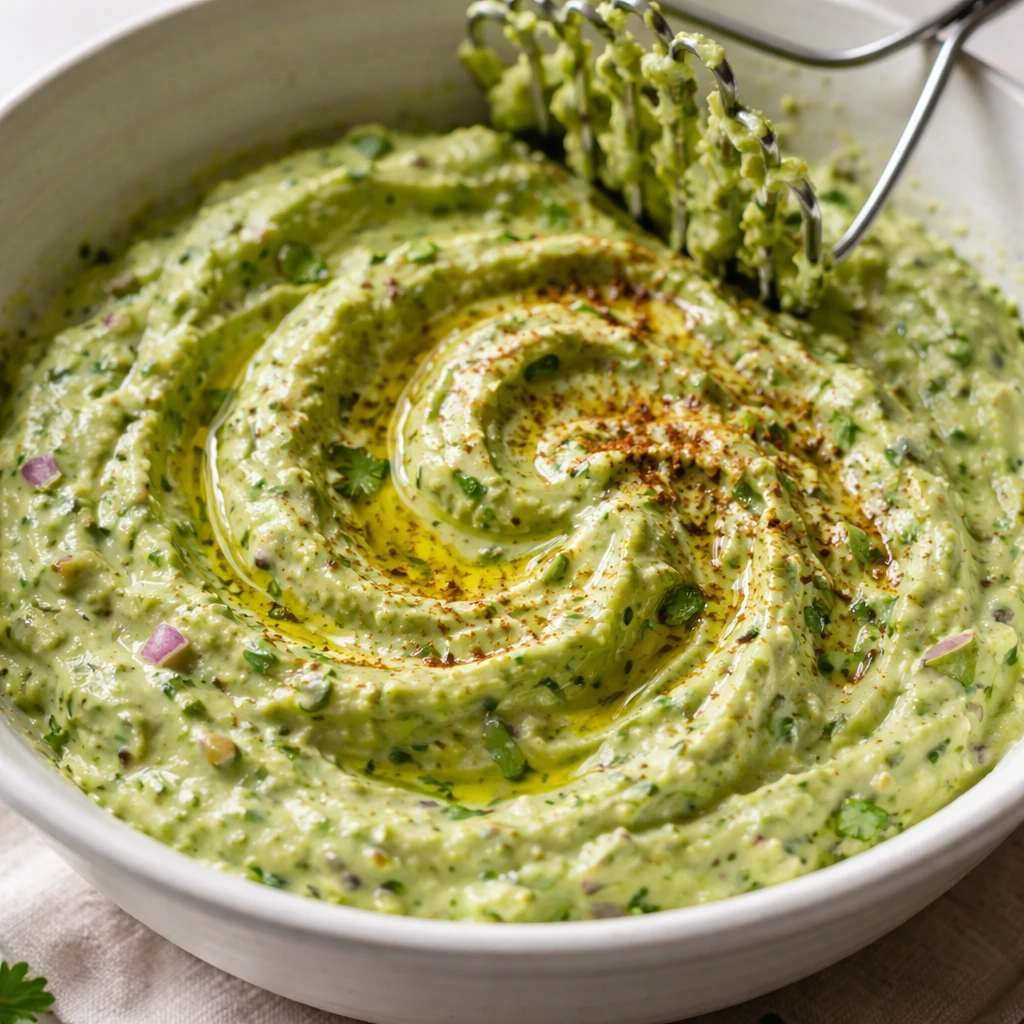 Close-up detail, cooking process: A ceramic mixing bowl of freshly prepared Avocado Lime Party Dip j