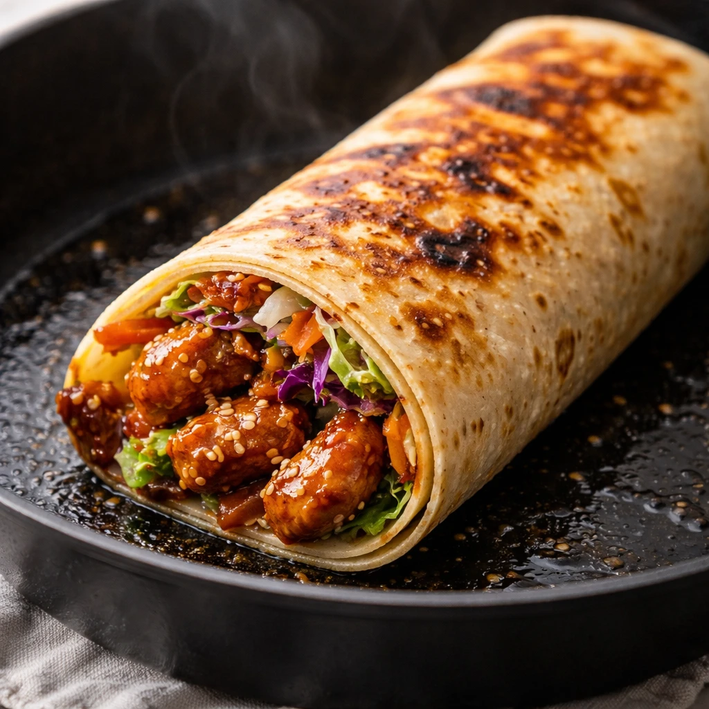 Close-up detail, cooking process: Sweet chili chicken wrap being seared seam-side down in a lightly