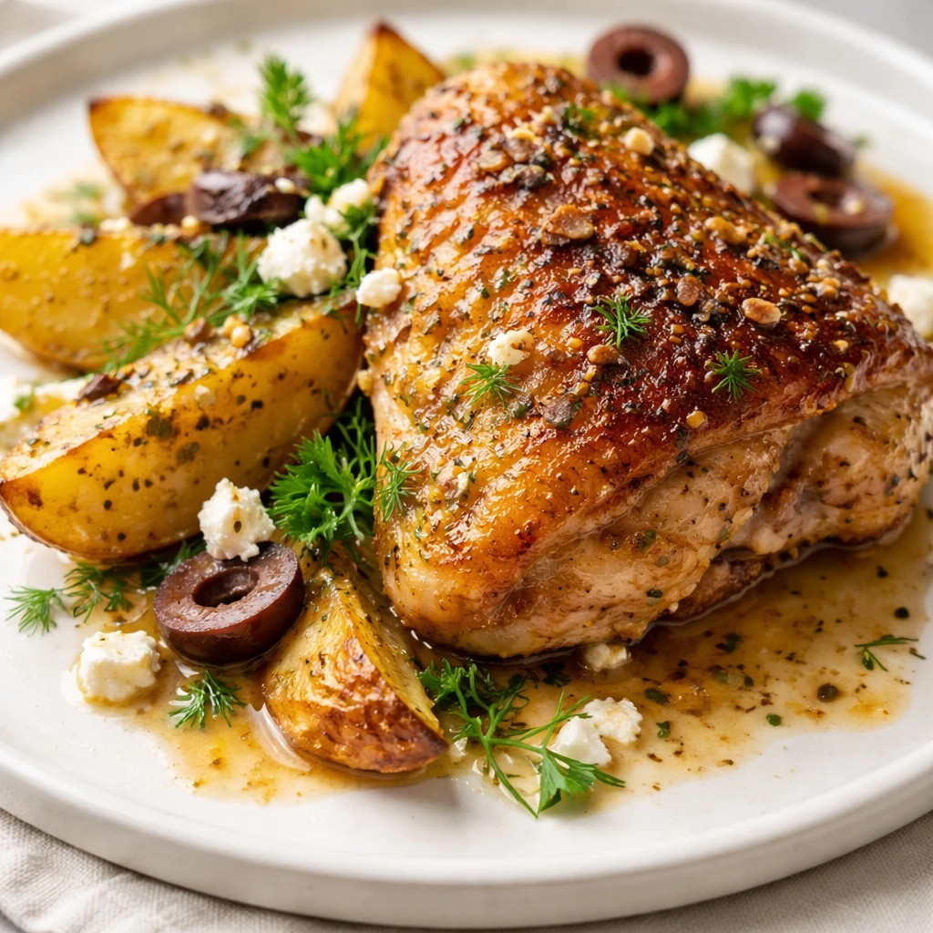 Close-up detail of a plated serving: one crispy-skinned bone-in chicken thigh resting against tender