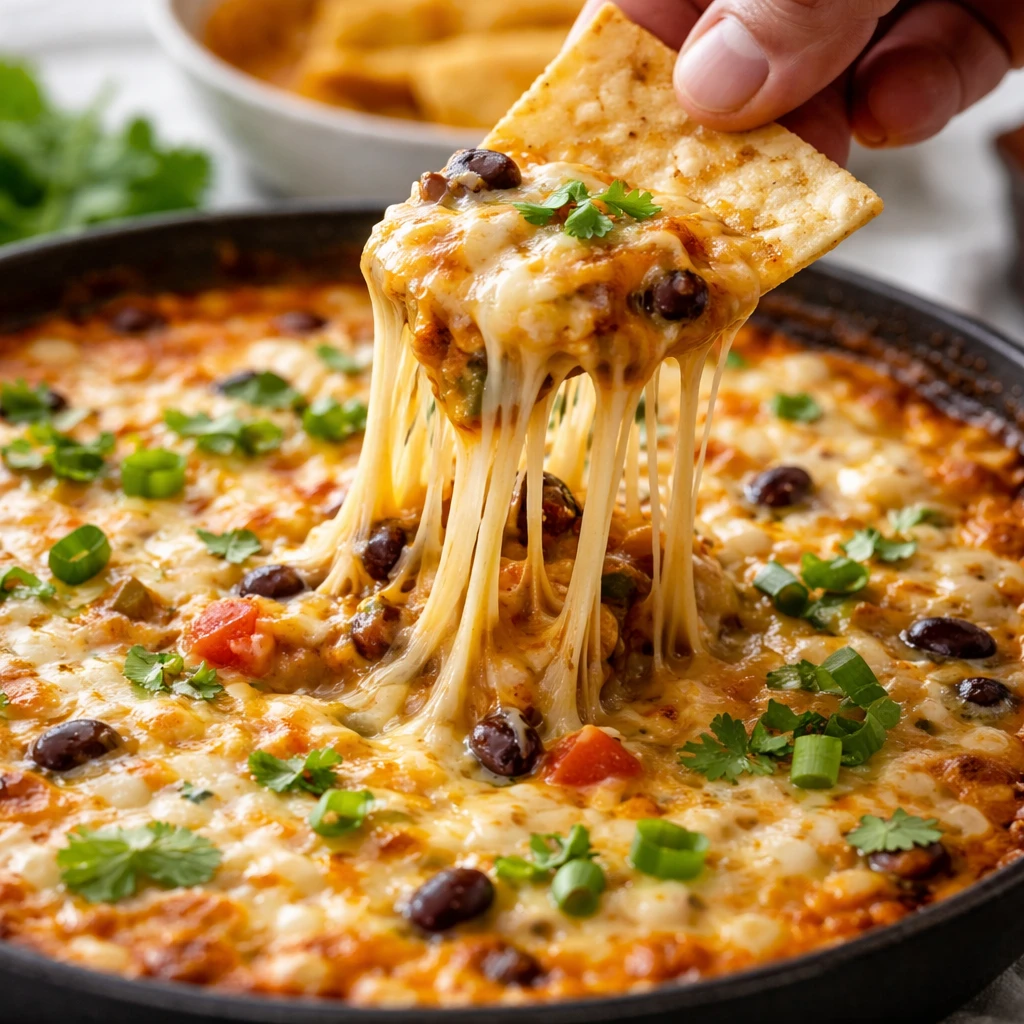 Close-up detail of a scoop-in-motion moment: golden, stretchy cheese pull from the hot dip with a to