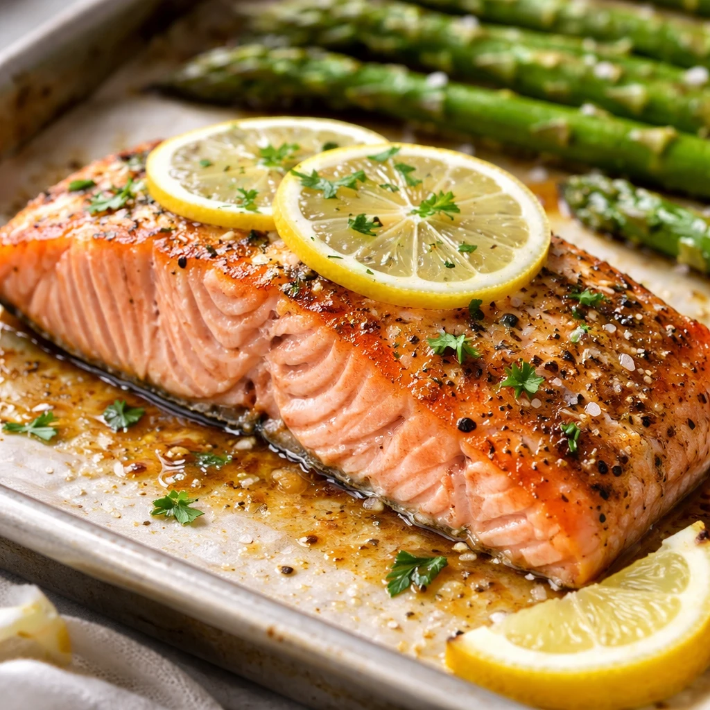 Close-up detail of a single roasted salmon fillet just out of the oven on a parchment-lined sheet pa