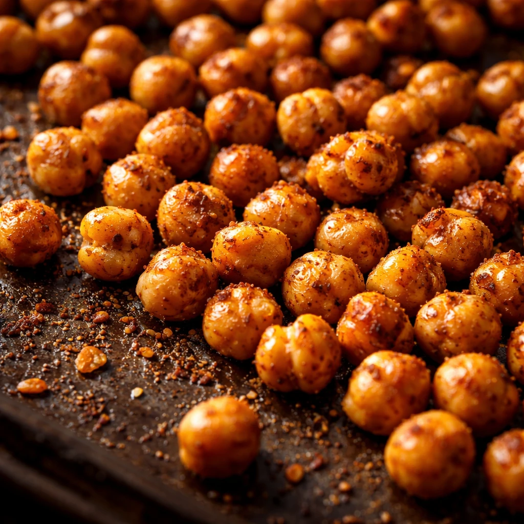 Close-up detail: Roasted chickpeas just out of the oven, deeply golden and crisp with a light sheen 