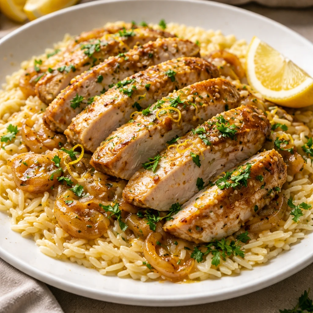 Close-up final plate of Lemon Herb Crockpot Chicken over buttery orzo: fork-tender sliced chicken gl