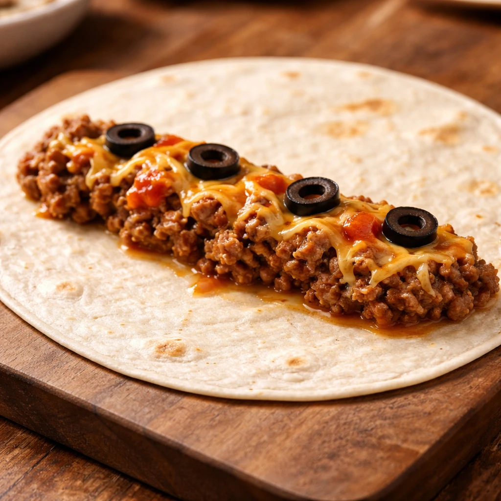 Close-up process shot of a warm 6-inch flour tortilla on a wooden board being filled and rolled taqu