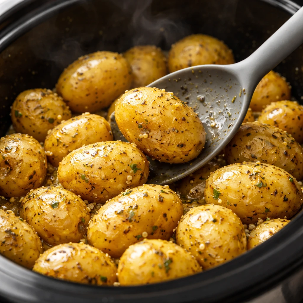 Close-up, shallow depth-of-field detail of the cooking process: cooked baby gold/yukon potatoes in a
